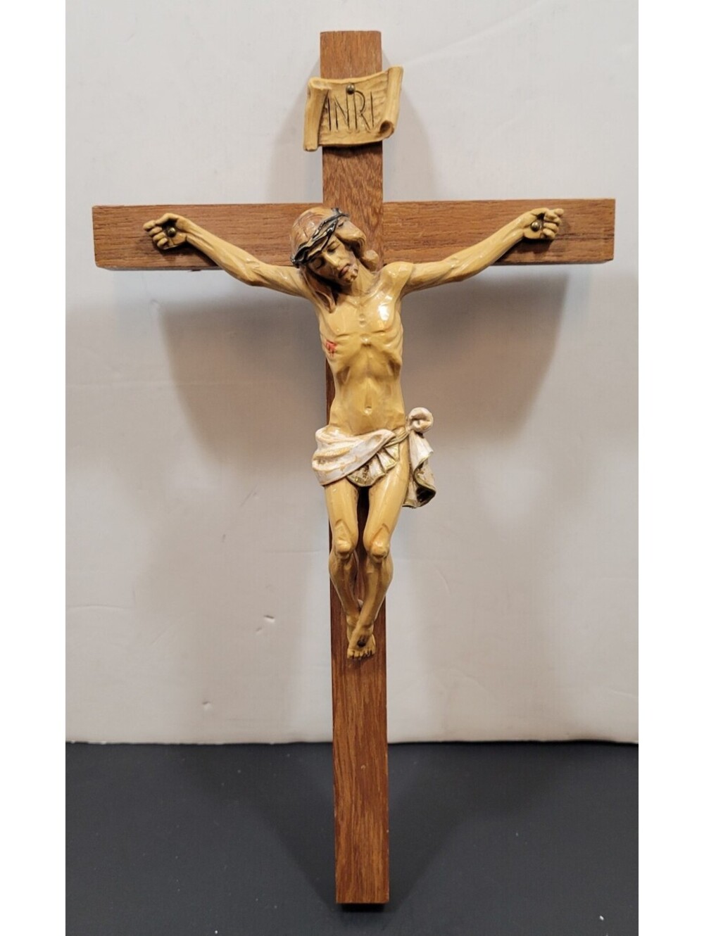 Vintage Wall Hanging 12" INRI Wooden Crucifix Jesus Christianity Italy